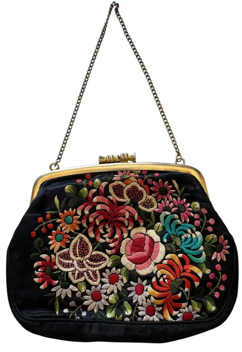 Floral Clutch VTG 60s 70s Black Silk Embroidered Evening Bag Hong Kong